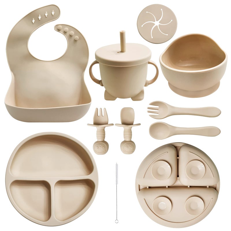 HippoBaby Baby Led Weaning Supplies | 10 Piece Silicone Feeding Set | Baby Toddler Bib Cup Divided Plate and Bowl Self Feeding Spoons Dish Set | Baby Utensils | Toddler Feeding Supplies (Beige) - Image 1